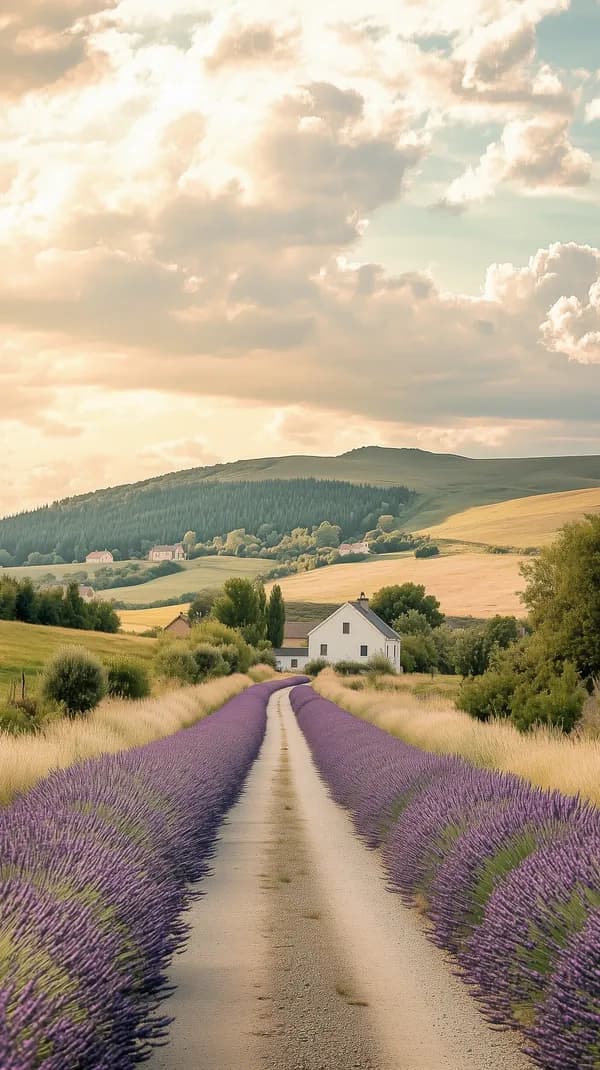 Golden Hour Lavender Field Roadway in Serene Countryside - HD Wallpaper, 4k Background Image
