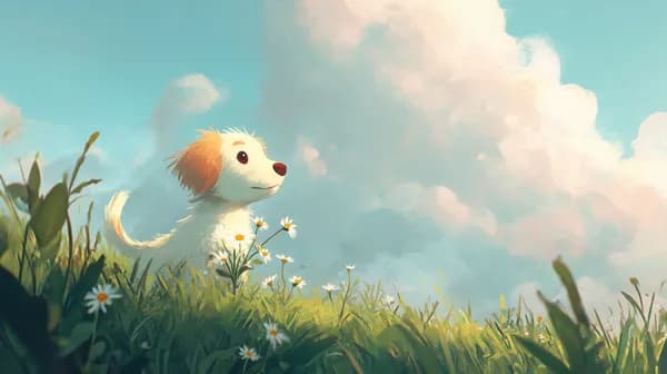 Whimsical Puppy in a Sunny Meadow Painterly Sky Wallpaper - HD Wallpaper, 4k Background Image