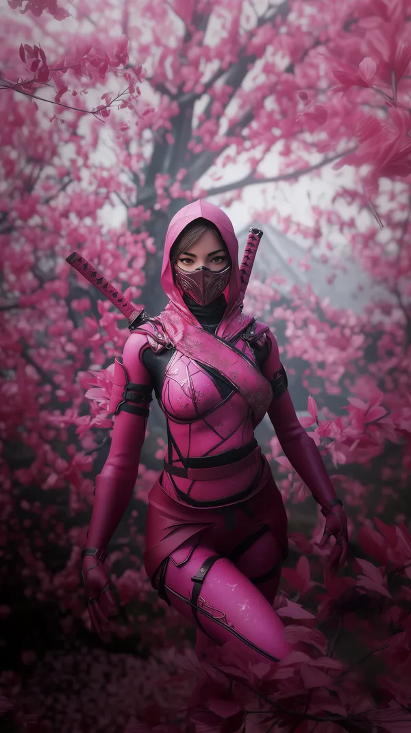 Pink-clad Ninja Warrior Amid Blossom Forest - Fantasy Wallpaper - HD Wallpaper, 4k Background Image