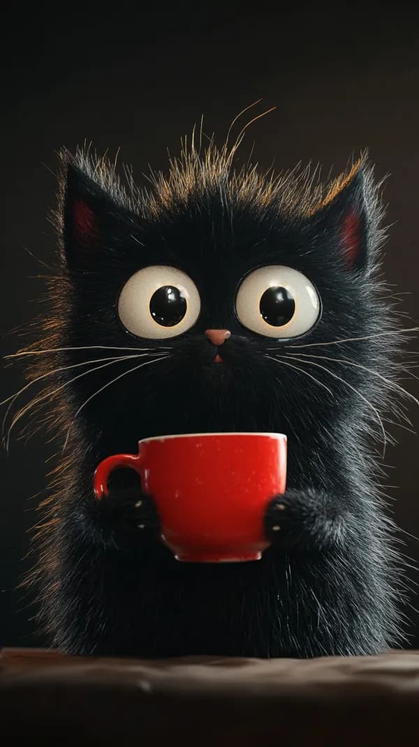 Adorable Black Cat with Red Cup - Cozy Wall Art for Home - HD Wallpaper, 4k Background Image