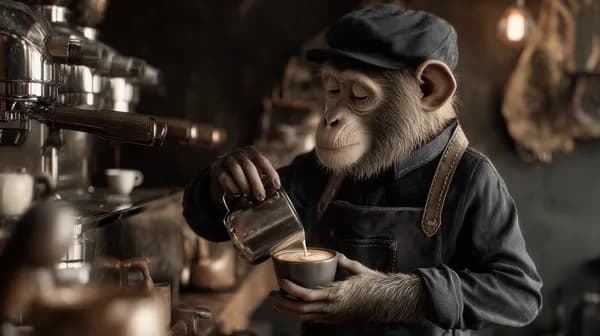 Whimsical Chimpanzee Barista in a Cozy Rustic Cafe - Wallpaper - HD Wallpaper, 4k Background Image