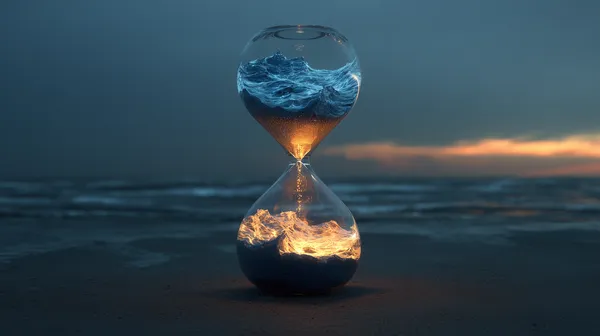 Surreal Hourglass on a Beach: Fire and Ocean in Glass - HD Wallpaper, 4k Background Image