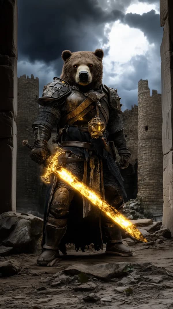 Epic Bear Warrior in Fiery Armor Stands in Ancient Ruins - HD Wallpaper, 4k Background Image