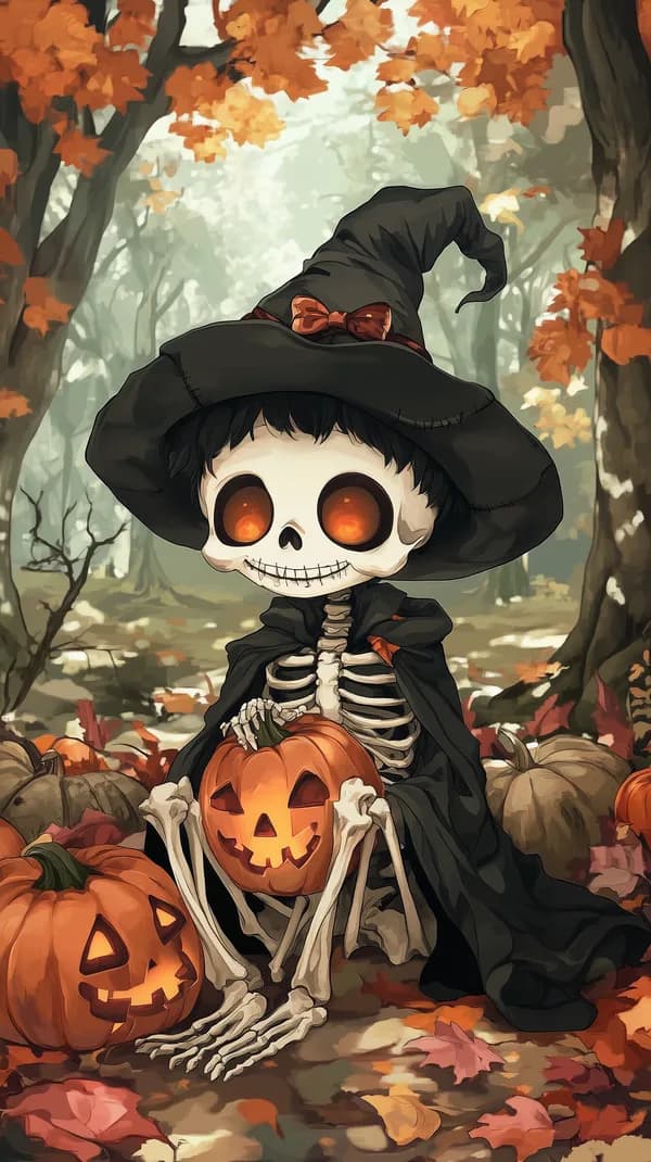 Whimsical Skeleton in a Witch Hat with Jack-o'-Lanterns - HD Wallpaper, 4k Background Image