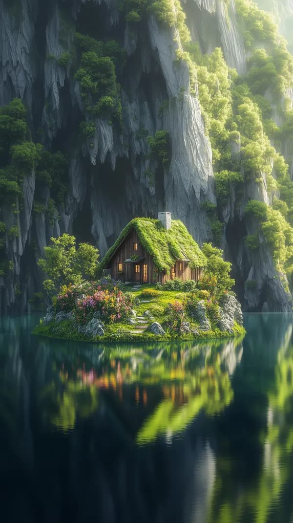 Dreamy green-roofed cottage on a cliffside island paradise - HD Wallpaper, 4k Background Image