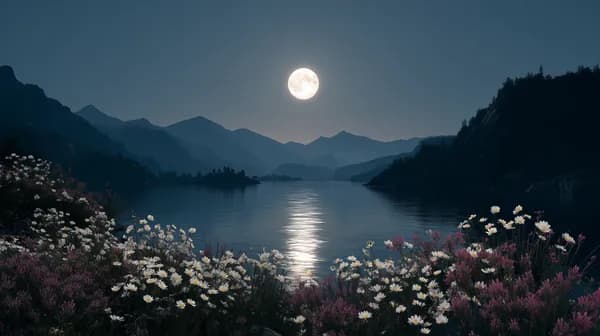 Moonlit Mountain Lake Landscape with Wildflowers - Night Wallpaper - HD Wallpaper, 4k Background Image