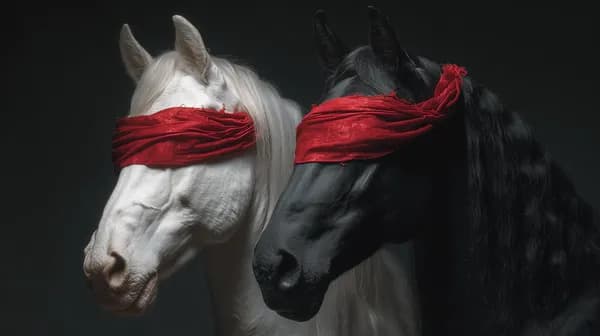 Dramatic White and Black Horses with Red Blindfolds in Studio Lighting - HD Wallpaper, 4k Background Image