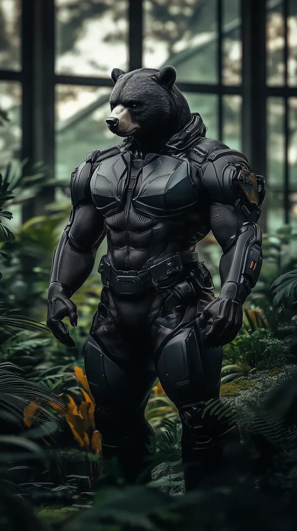 Cybernetic Bear in Tactical Armor Amid a Lush Indoor Jungle Scene - HD Wallpaper, 4k Background Image