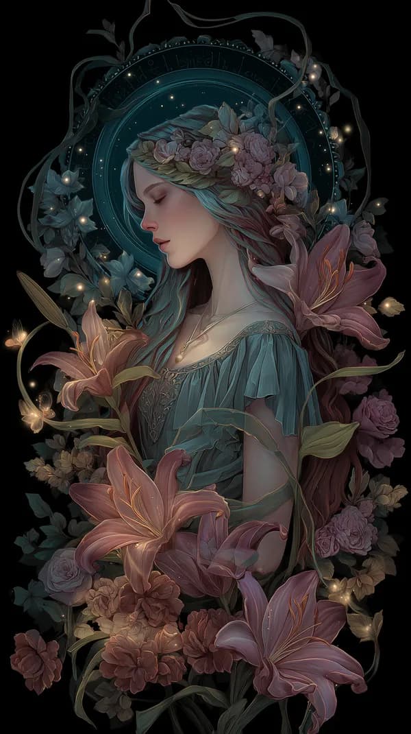 Dreamy Floral Portrait in Moonlit Fantasy Art Scene - HD Wallpaper, 4k Background Image