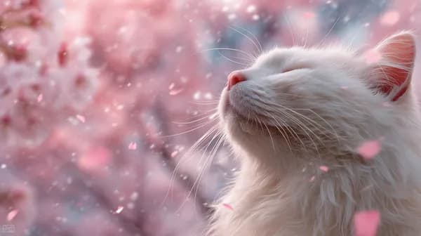 Dreamy Pink Petal Fantasy: Serene White Cat Wallpaper - HD Wallpaper, 4k Background Image