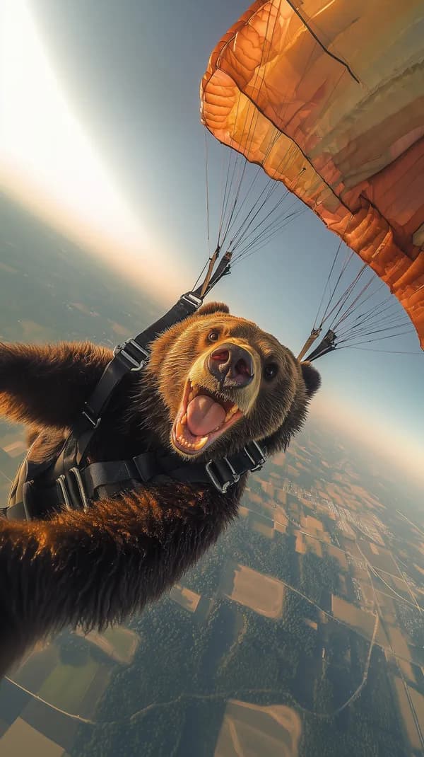 Playful bear paragliding over sunlit countryside aerial adventure - HD Wallpaper, 4k Background Image