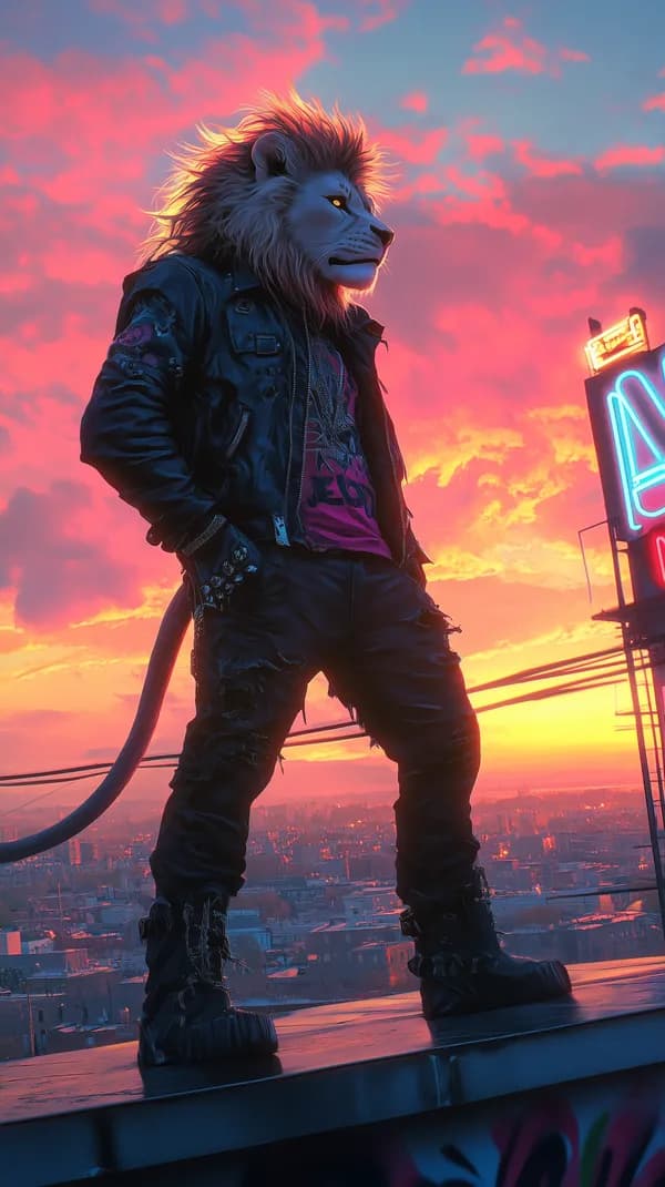 Anthropomorphic Lion Warrior on a Neon Sunset Rooftop - HD Wallpaper, 4k Background Image
