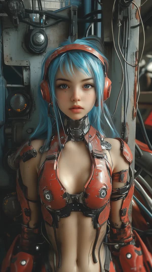 Futuristic Cyborg Woman in Neon Red Armor with Headphones - HD Wallpaper, 4k Background Image