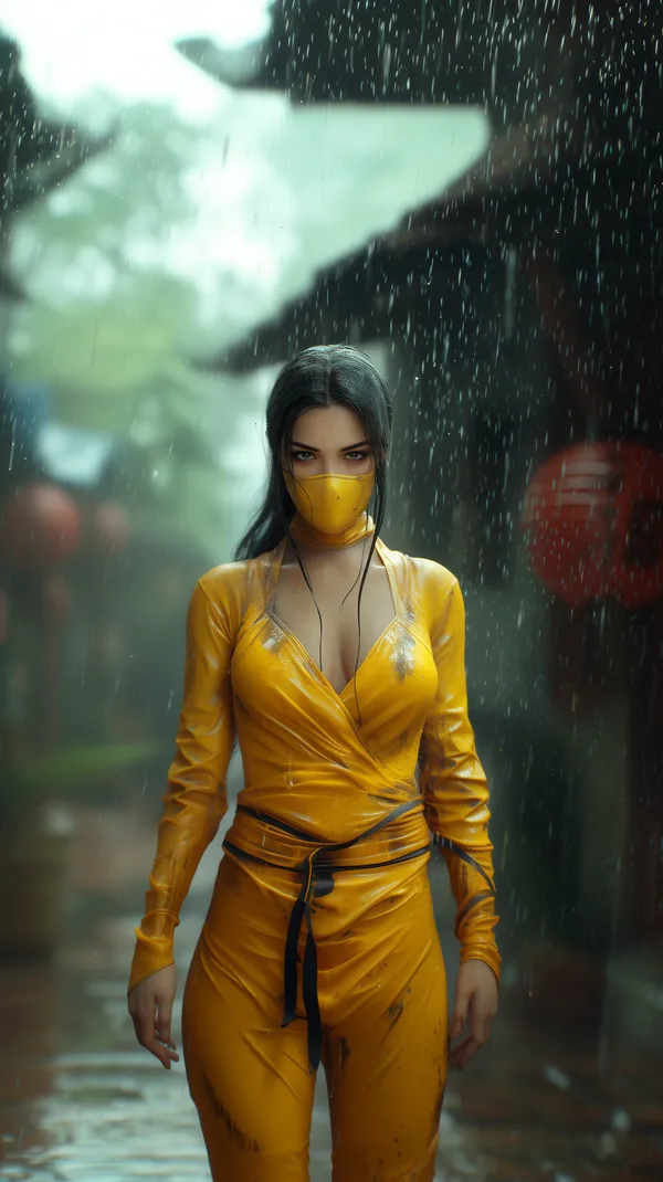Yellow Rain Pose: Vibrant Jumpsuit Portrait in Rainy Street - HD Wallpaper, 4k Background Image