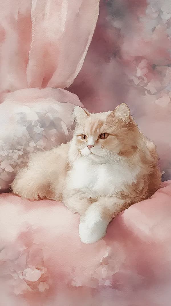Watercolor Pink Cat Portrait - Soft Cozy Wallpaper - HD Wallpaper, 4k Background Image