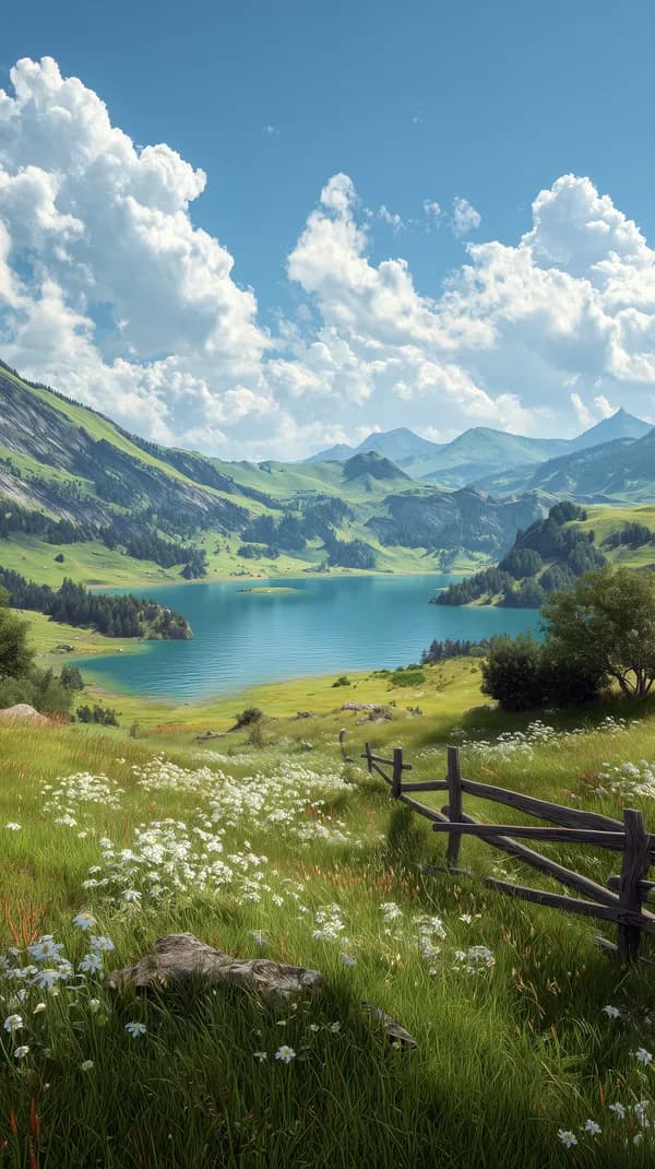 Tranquil Mountain Lake Landscape with Wildflowers and Fence - HD Wallpaper, 4k Background Image