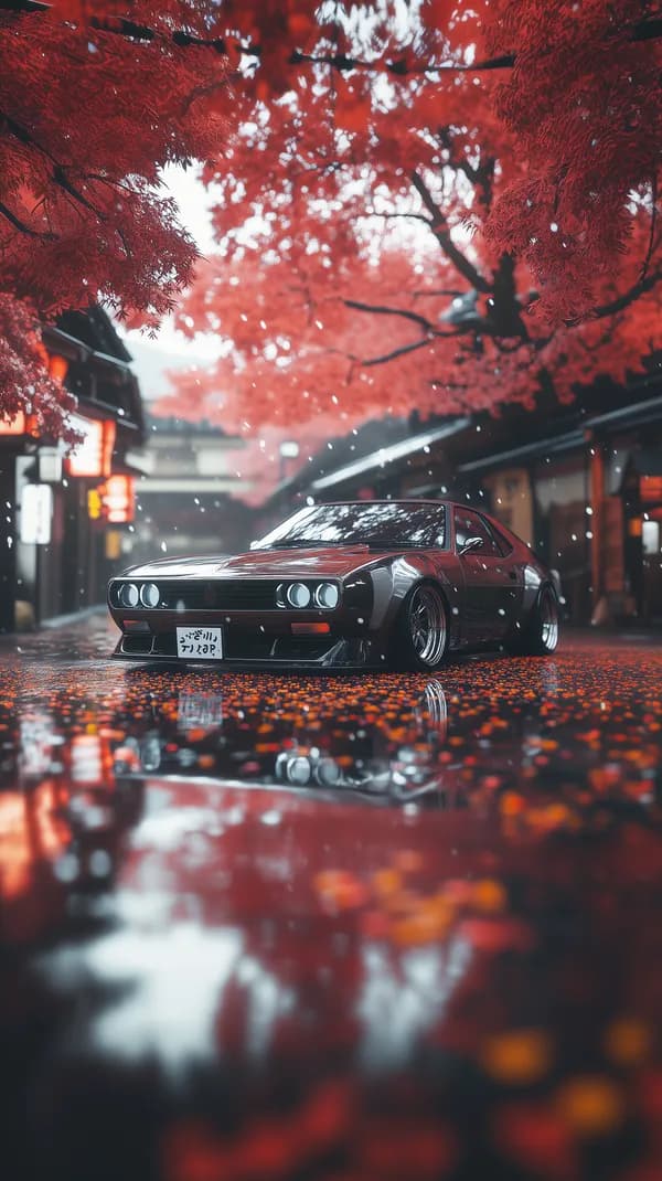 Autumn Red Street Scene with a Classic Sports Car on Wet Pavement - HD Wallpaper, 4k Background Image