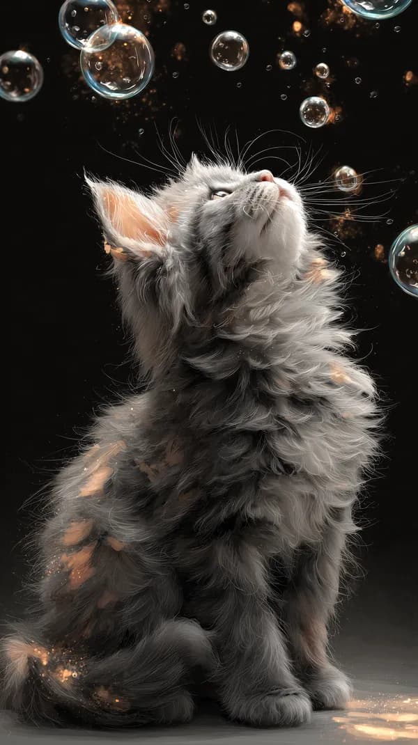 Whimsical kitten gazing at floating bubbles - dreamy wallpaper - HD Wallpaper, 4k Background Image