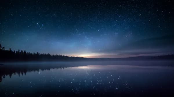 Starlit Night Lake Landscape with Reflective Water and Silhouette Trees - HD Wallpaper, 4k Background Image