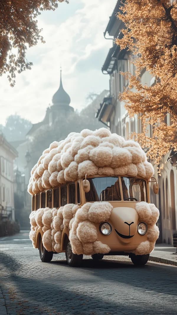 Whimsical Wool-Covered Bus on a Warm Autumn Street - HD Wallpaper, 4k Background Image
