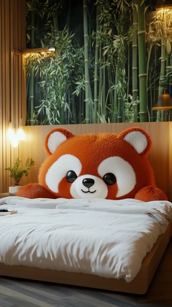 Cozy Bedroom with Giant Red Panda Plush Pillow and Bamboo Wall - HD Wallpaper, 4k Background Image