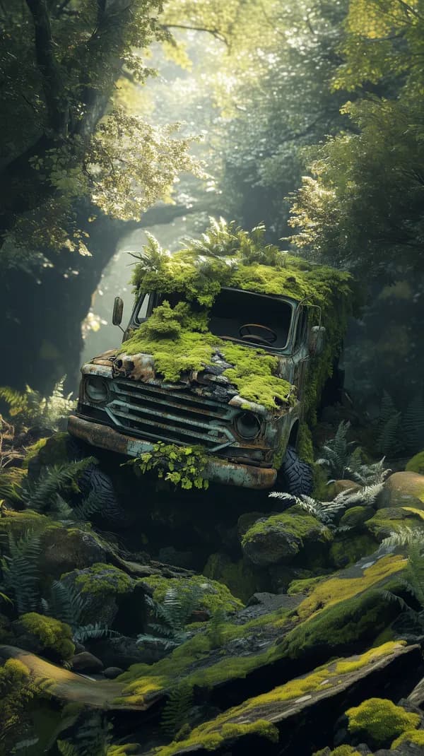 Overgrown Moss-Covered Truck in Enchanted Forest Wallpaper - HD Wallpaper, 4k Background Image