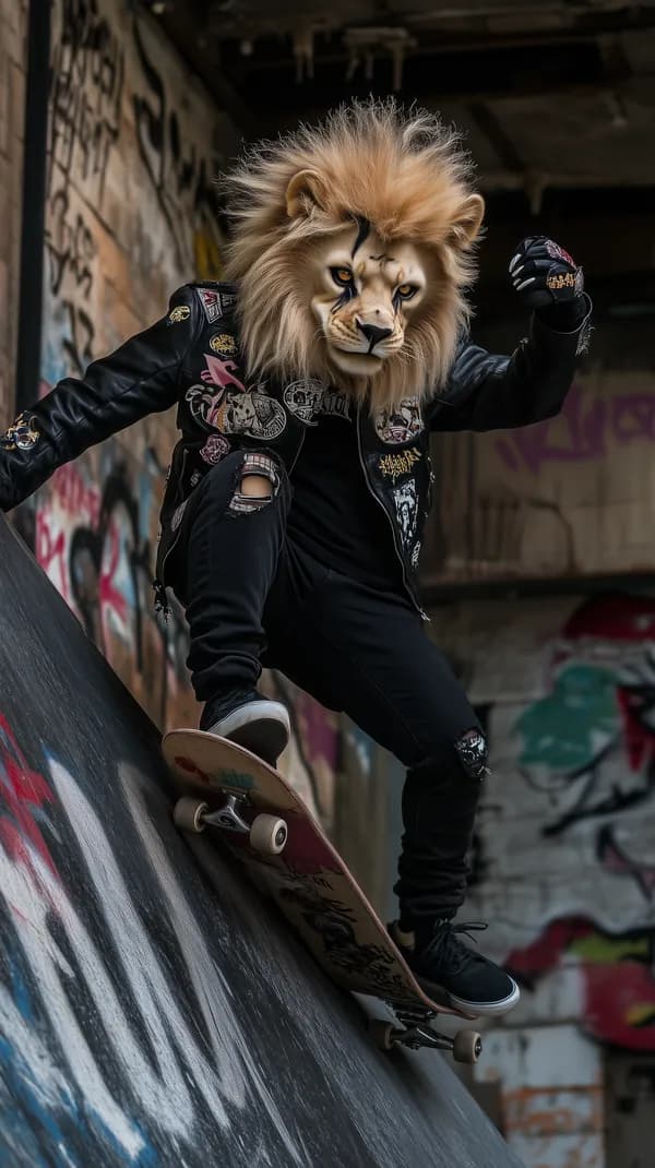 Urban Skateboarder in a Lion Mask Grinds a Graffiti Ramp - HD Wallpaper, 4k Background Image