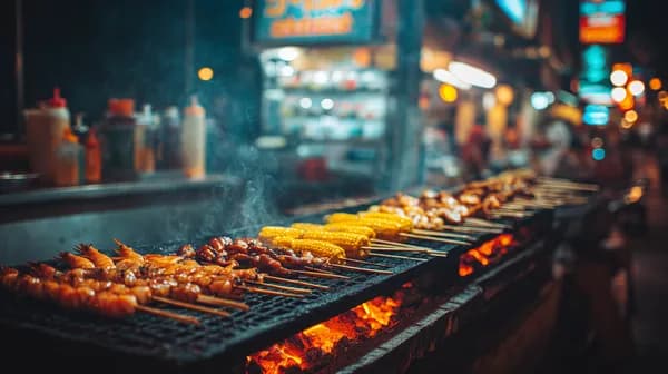 Night Market Skewers on a Smoky Street Food Grill - HD Wallpaper, 4k Background Image