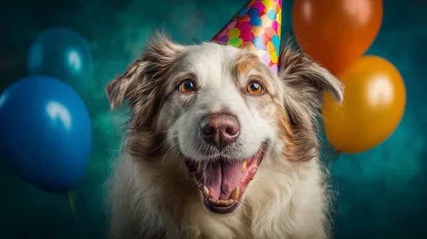 Cheerful Party-Dog Wallpaper with Balloons and Hat - HD Wallpaper, 4k Background Image