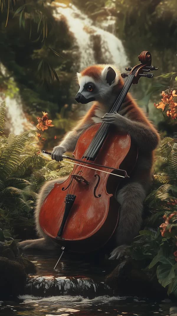 Whimsical Red Panda Plays Cello Amid Lush Forest Waterfall - HD Wallpaper, 4k Background Image
