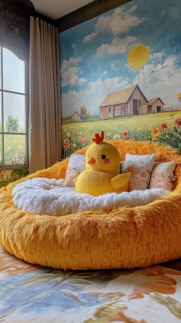Whimsical Farm Landscape Wall Mural with Bright Chick Bed - HD Wallpaper, 4k Background Image