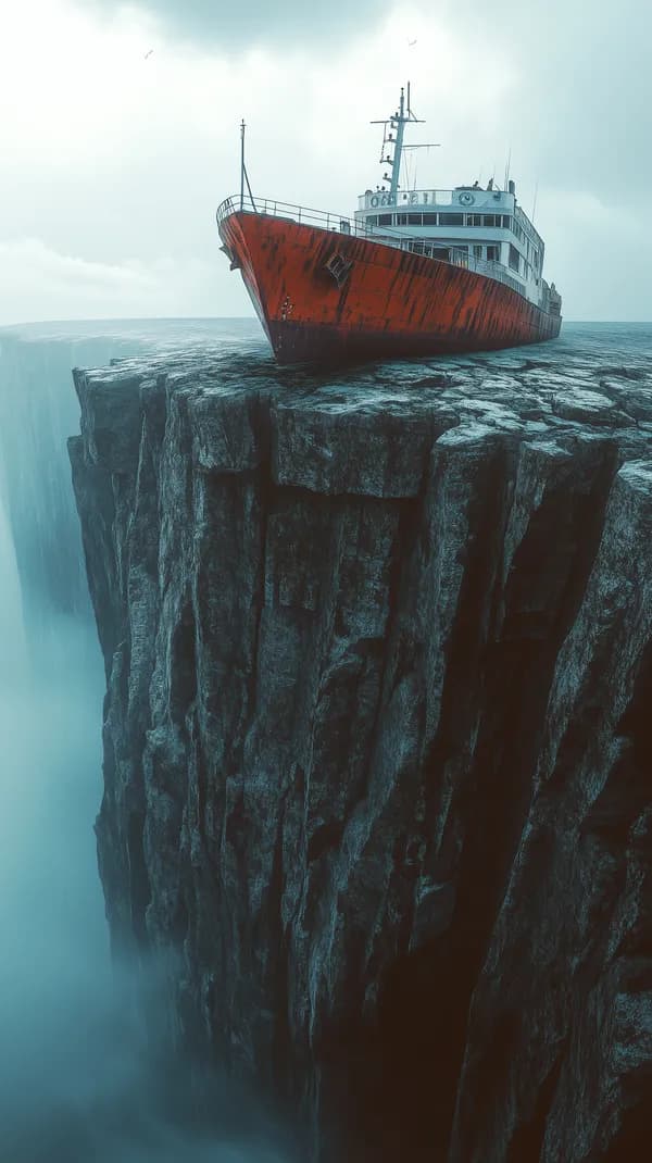 Dramatic Cliffside Ship Overlooking the Ocean in Mist Wallpaper - HD Wallpaper, 4k Background Image