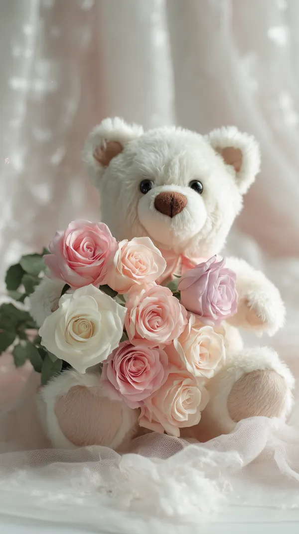 Pastel teddy bear with bouquet of roses for dreamy wallpaper - HD Wallpaper, 4k Background Image
