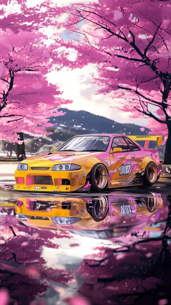 Vibrant Pink Cherry Blossom Drift Car Wallpaper Scene - HD Wallpaper, 4k Background Image