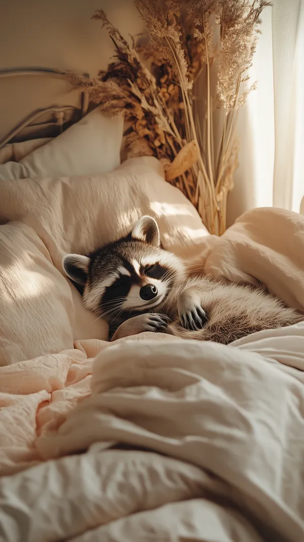 Cozy Sleepy Raccoon on a Soft Bed - Warm Indoor Wallpaper - HD Wallpaper, 4k Background Image