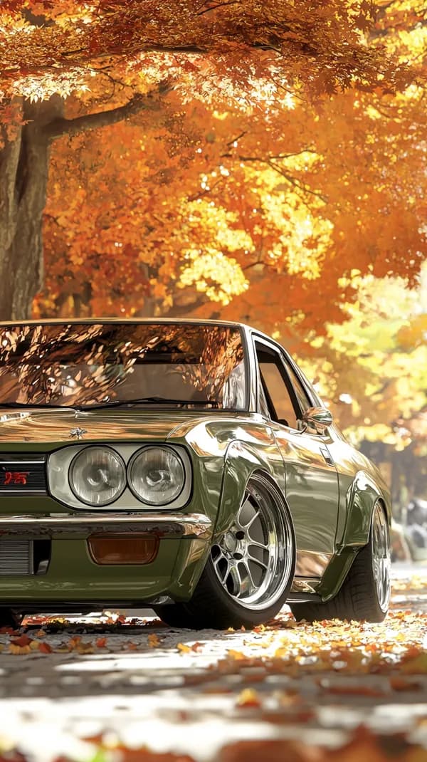 Autumn Drive: Vintage Green Classic Car Amid Fall Foliage - HD Wallpaper, 4k Background Image