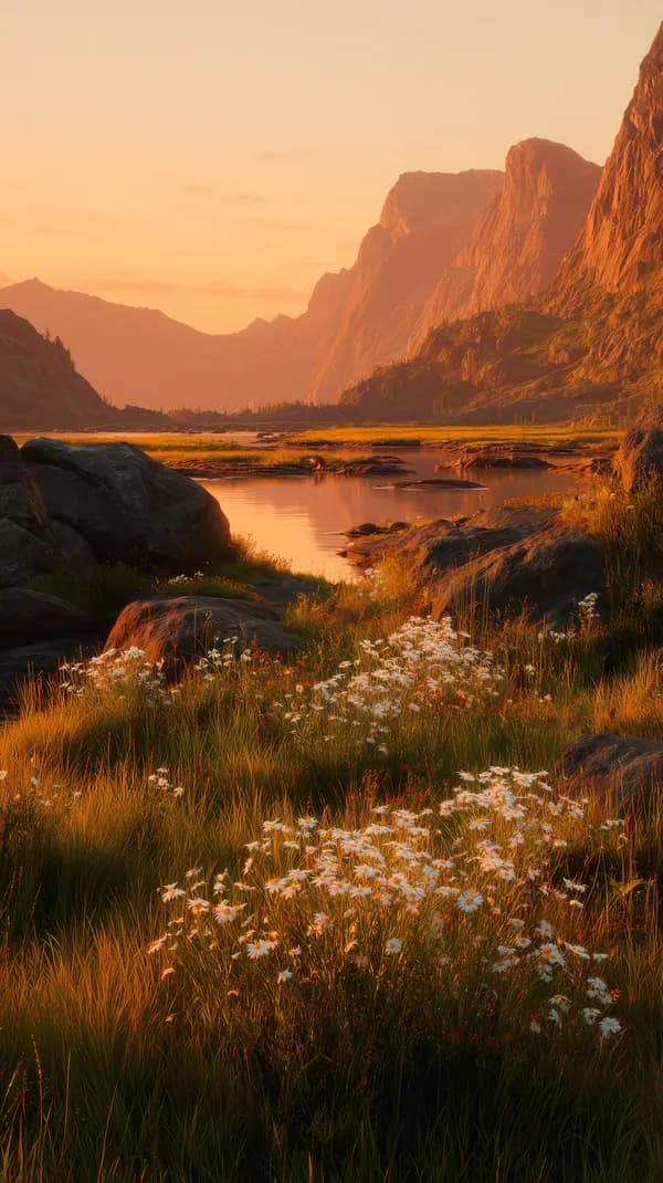 Golden Sunset Over Alpine Valley with Wildflowers and River - HD Wallpaper, 4k Background Image