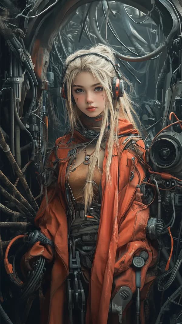 Futuristic Female Engineer in Orange Space Suit Amid Machinery - HD Wallpaper, 4k Background Image
