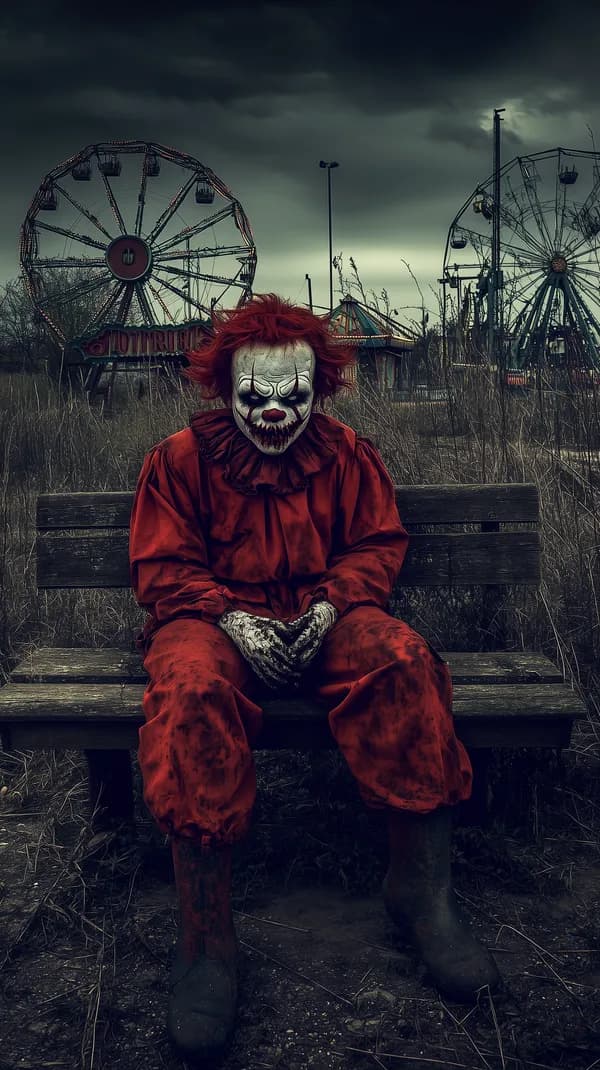 Creepy Clown on a Weathered Bench in an Abandoned Amusement Park - HD Wallpaper, 4k Background Image