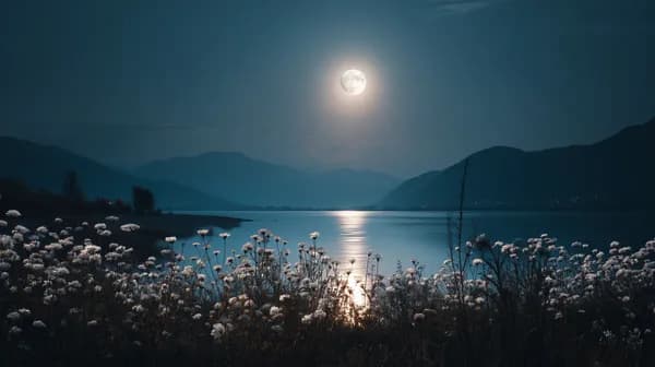 Moonlit Lake Nightscape with Wildflower Foreground Wallpaper - HD Wallpaper, 4k Background Image