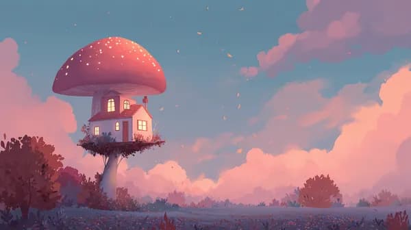 Whimsical Mushroom House in Dreamy Sunset Skyscape - HD Wallpaper, 4k Background Image