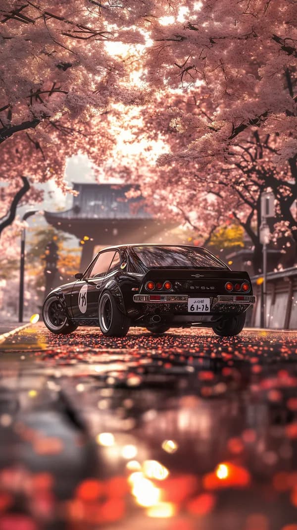 Pastel Cherry Blossom Street Drive: Classic Car in Sunset Glow - HD Wallpaper, 4k Background Image