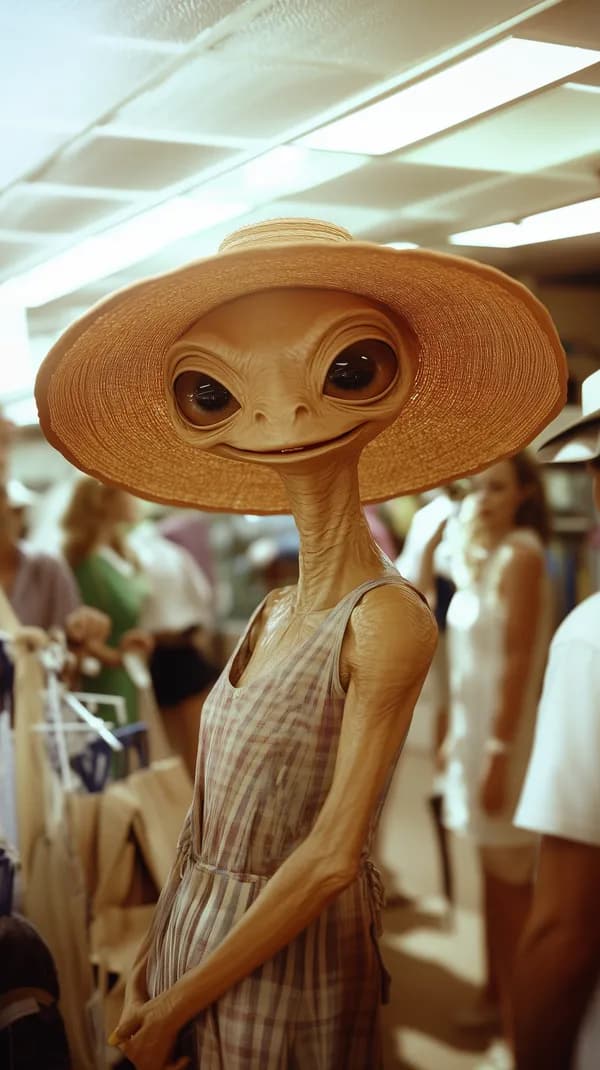 Whimsical straw-hatted alien in a sunlit market scene - HD Wallpaper, 4k Background Image