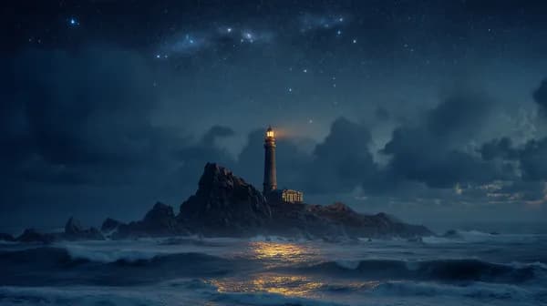 Moonlit Sea Scene: Lighthouse on Rocks Under a Starry Sky - HD Wallpaper, 4k Background Image