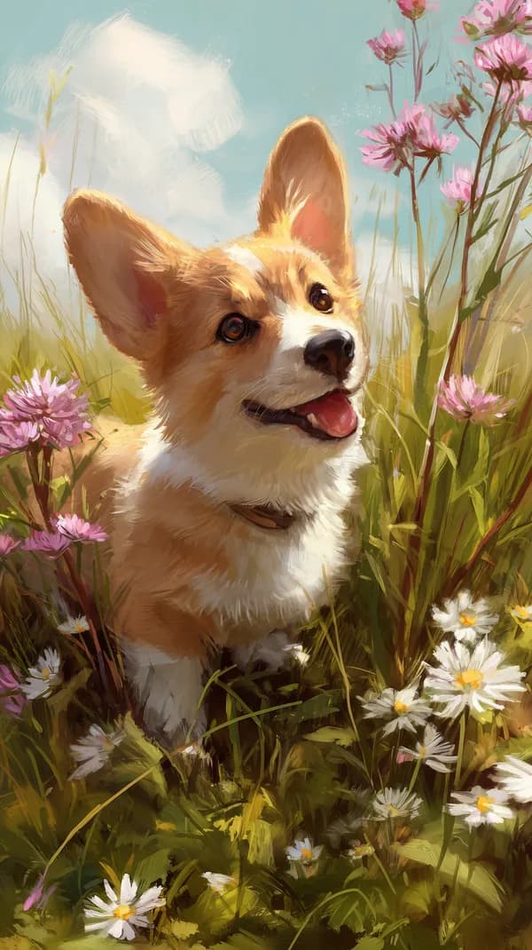 Sunny Field Corgi in Bloom – Digital Painting Wallpaper - HD Wallpaper, 4k Background Image