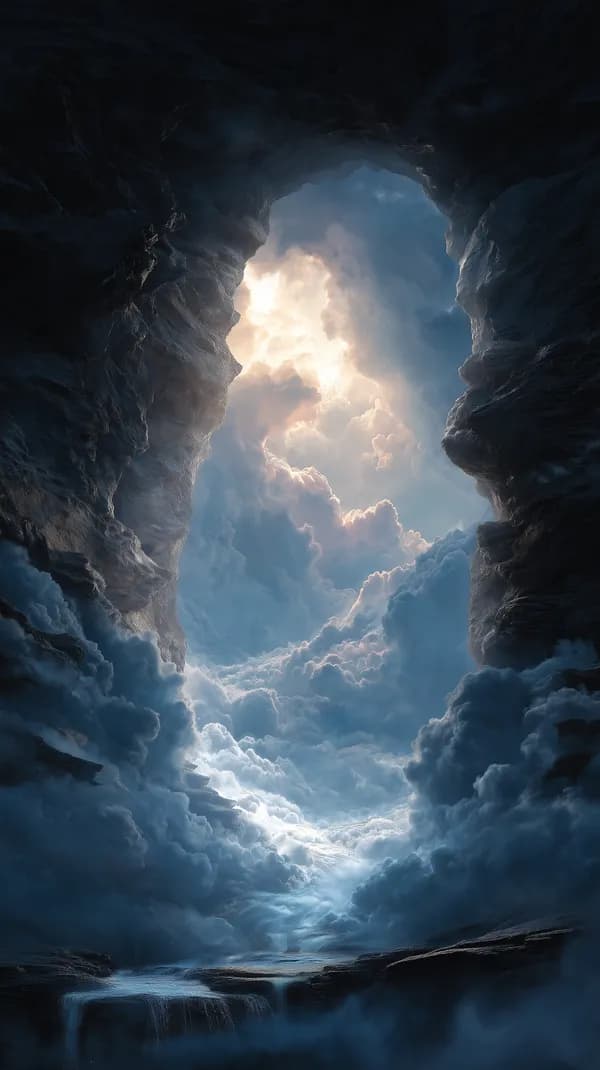 Cavern Sky Portal: Ethereal Clouds and Sunlit Blue Mist - HD Wallpaper, 4k Background Image