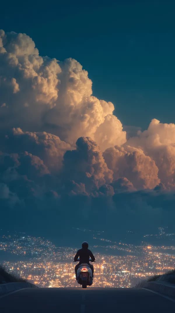 Night cityscape from hilltop: scooter rider under blue hour clouds - HD Wallpaper, 4k Background Image