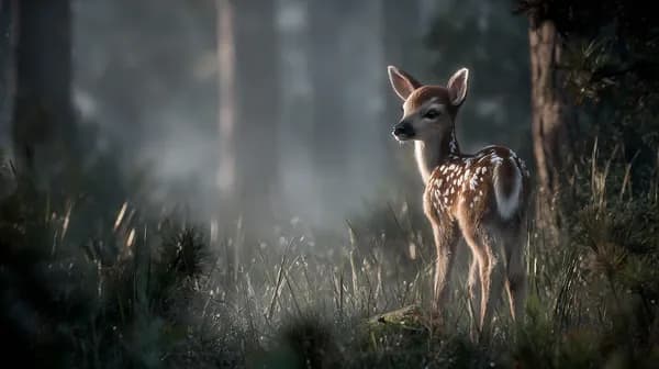Softly Lit Fawn in Misty Forest - Tranquil Wildlife Wallpaper - HD Wallpaper, 4k Background Image