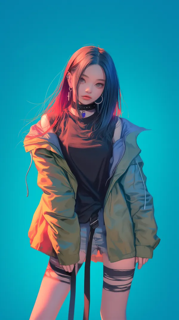 Vibrant Dual-Tone Anime Portrait in Neon Jacket with Studio Lighting - HD Wallpaper, 4k Background Image