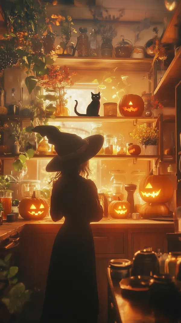 Cozy Halloween Kitchen Scene with Jack-o'-Lanterns and Witch Silhouette - HD Wallpaper, 4k Background Image